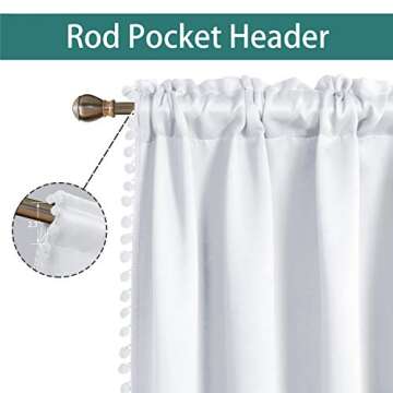 LORDTEX Pom Pom Blackout Curtains for Bedroom, 42 x 84 inch, Greyish White, Set of 2 Panels - Thermal Insulated Curtains, Sun Light Blocking Rod/Pole Pocket Window Drapes for Living Room