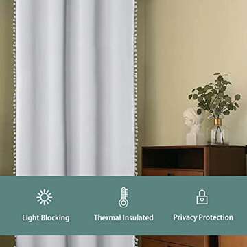 LORDTEX Pom Pom Blackout Curtains for Bedroom, 42 x 84 inch, Greyish White, Set of 2 Panels - Thermal Insulated Curtains, Sun Light Blocking Rod/Pole Pocket Window Drapes for Living Room