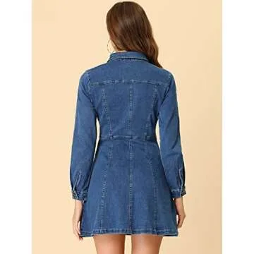 Allegra K Denim Dress Long Sleeve V Neck A-line Style