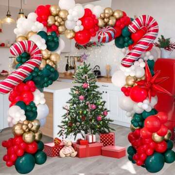 Christmas Balloon Garland Arch Kit with Red, Green, White and Gold Balloons, Candy Cane, Exploding S...