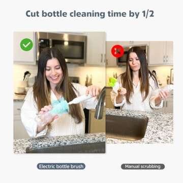 MomMed Electric Bottle Brush, Electric Baby Bottle Brush Set - Silicone Brushes for Bottles, Pacifiers, Straws, Mixing Head, Drying Rack - 2 Cleaning Modes, 360° Rotation