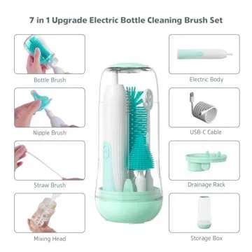 MomMed Electric Bottle Brush, Electric Baby Bottle Brush Set - Silicone Brushes for Bottles, Pacifiers, Straws, Mixing Head, Drying Rack - 2 Cleaning Modes, 360° Rotation