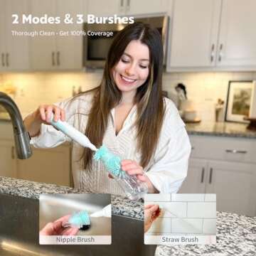 MomMed Electric Bottle Brush, Electric Baby Bottle Brush Set - Silicone Brushes for Bottles, Pacifiers, Straws, Mixing Head, Drying Rack - 2 Cleaning Modes, 360° Rotation
