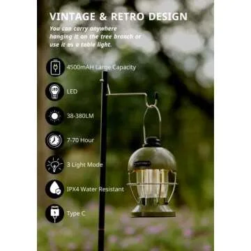 Crazy Power Camping Lantern Rechargeable LED Camping Light Premium Vintage Light 4500 mAh High Capacity Dimmable 3 Light Modes Waterproof for Camping Hiking Fishing Power Outages (CPB200 Green)