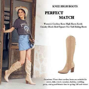 Coutgo Women's Cowboy Knee High Boots Suede Chunky Block Heel Square Toe Tall Riding Boots