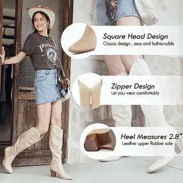 Coutgo Women's Suede Cowboy Knee High Boots