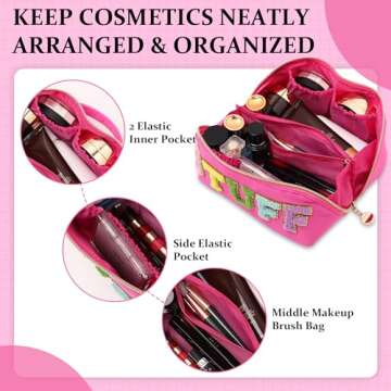 LONEDREAM Stoney Clover Preppy Makeup Bag, Large Capacity Travel Cosmetic Bag, Chenille Letter Open ...