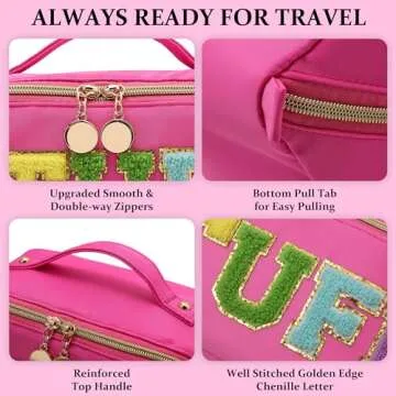 LONEDREAM Stoney Clover Preppy Makeup Bag, Large Capacity Travel Cosmetic Bag, Chenille Letter Open Flat Nylon Stuff, Preppy Patch Better Belt Everything Makeup Bag, Rose Red