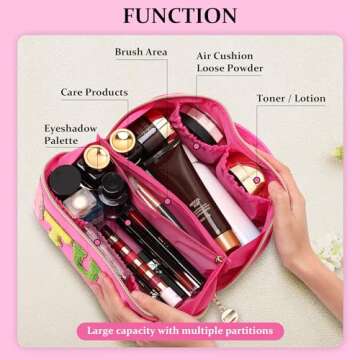 LONEDREAM Stoney Clover Preppy Makeup Bag, Large Capacity Travel Cosmetic Bag, Chenille Letter Open Flat Nylon Stuff, Preppy Patch Better Belt Everything Makeup Bag, Rose Red