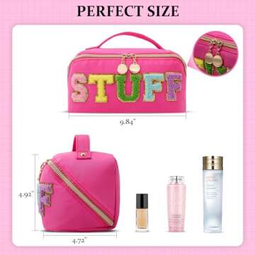 LONEDREAM Stoney Clover Preppy Makeup Bag, Large Capacity Travel Cosmetic Bag, Chenille Letter Open Flat Nylon Stuff, Preppy Patch Better Belt Everything Makeup Bag, Rose Red