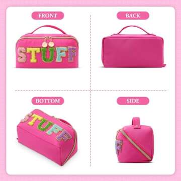 LONEDREAM Stoney Clover Preppy Makeup Bag, Large Capacity Travel Cosmetic Bag, Chenille Letter Open Flat Nylon Stuff, Preppy Patch Better Belt Everything Makeup Bag, Rose Red