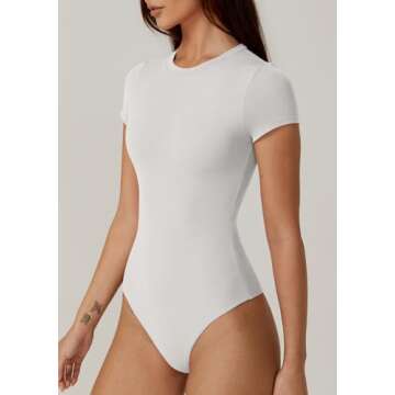 QINSEN Women's Crewneck Short Sleeve Body Suit Snap Clousre Slim Fit Bodysuit White M