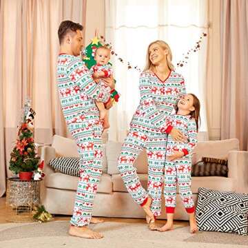 PopReal Christmas Pajamas for Family, Matching Family Christmas PJs Sets Blue Elk Tree Printed Top S...