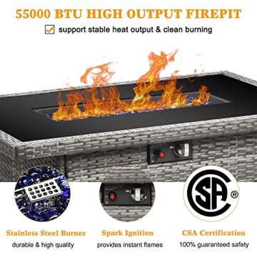 LayinSun 44" Propane Gas Fire Pit Table, 55000 BTU Rectangular Fire Pit with Glass Wind Guard for Ou...