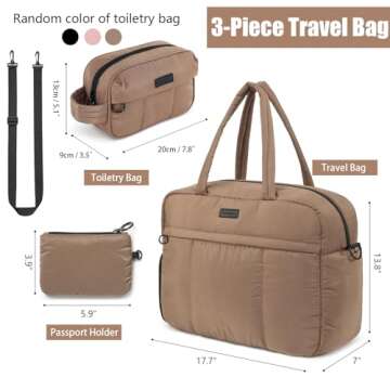 Linpr Puffy Duffle Bag, Waterproof Carry On Weekender Overnight Bag, Soft Travel Bag with Shoes Compartment and Small ID Bag, Large Opening Tote Bag, Sport Gym Bags for Women and Girls (Large Khaki)