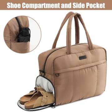 Linpr Puffy Duffle Bag, Waterproof Carry On Weekender Overnight Bag, Soft Travel Bag with Shoes Compartment and Small ID Bag, Large Opening Tote Bag, Sport Gym Bags for Women and Girls (Large Khaki)