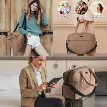 Linpr Puffy Duffle Bag, Waterproof Carry On Weekender Overnight Bag, Soft Travel Bag with Shoes Compartment and Small ID Bag, Large Opening Tote Bag, Sport Gym Bags for Women and Girls (Large Khaki)