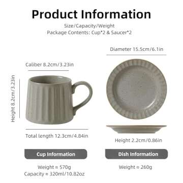 WEOPYCJ Coffee Mug with Saucer Set of 2, Classic Coffee Cup and Saucer Set, Large Tea Cups and Saucers for Latte Cappuccino Mocha (10 oz/Grey1)