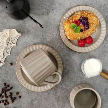 WEOPYCJ Coffee Mug with Saucer Set of 2, Classic Coffee Cup and Saucer Set, Large Tea Cups and Saucers for Latte Cappuccino Mocha (10 oz/Grey1)