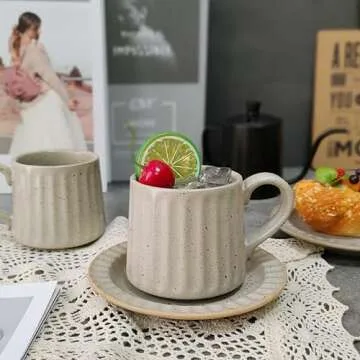 WEOPYCJ Coffee Mug with Saucer Set of 2, Classic Coffee Cup and Saucer Set, Large Tea Cups and Saucers for Latte Cappuccino Mocha (10 oz/Grey1)