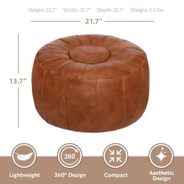 Thgonwid Unstuffed Handmade Moroccan Round Pouf Foot Stool Ottoman Seat Faux Leather Large Storage Bean Bag Floor Chair Foot Rest for Living Room, Bedroom or Wedding Gifts (Light Brown)