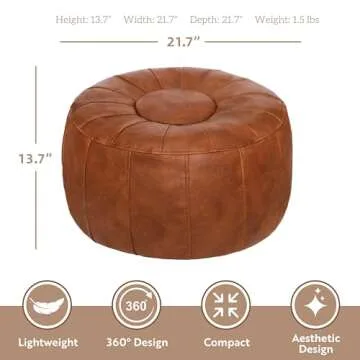 Thgonwid Unstuffed Handmade Moroccan Round Pouf Foot Stool Ottoman Seat Faux Leather Large Storage Bean Bag Floor Chair Foot Rest for Living Room, Bedroom or Wedding Gifts (Light Brown)