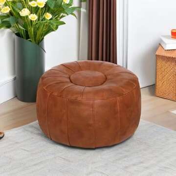 Thgonwid Unstuffed Handmade Moroccan Round Pouf Foot Stool Ottoman Seat Faux Leather Large Storage Bean Bag Floor Chair Foot Rest for Living Room, Bedroom or Wedding Gifts (Light Brown)