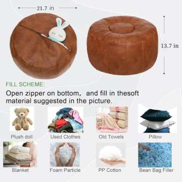Thgonwid Unstuffed Handmade Moroccan Round Pouf Foot Stool Ottoman Seat Faux Leather Large Storage Bean Bag Floor Chair Foot Rest for Living Room, Bedroom or Wedding Gifts (Light Brown)