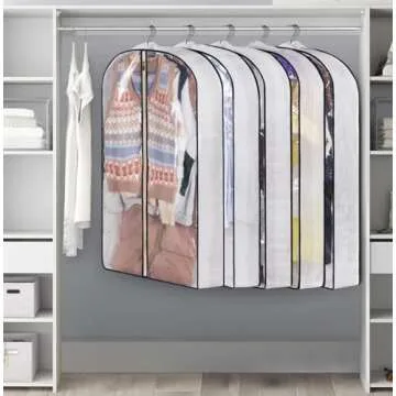 KIMBORA 40" Garment Bags for Hanging Clothes Storage with 4" Gussetes Clear Suit Bags for Closet Storage Coat Cover for Sweaters Shirts, Jackets, (5 Packs,White)