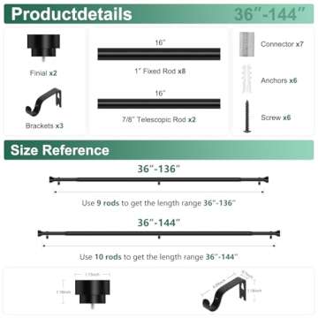 HEI! DEAR Black Curtain Rods 72 to 144 Inch(6-12FT),1 Inch Long Curtain Rod,Adjustable Heavy Duty Curtain Rods,Modern Decorative Drapery Rods,Telescoping Window Single Curtain Rod 36-150",Matte Black