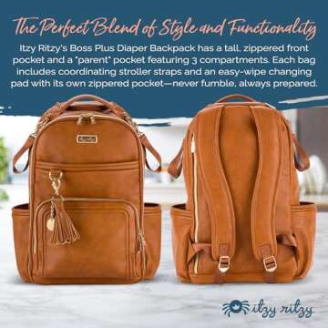 Itzy Ritzy Diaper Bag Backpack – Large Capacity Boss Plus Baby Backpack Diaper Bag Featuring 19 Pockets, Changing Pad, Stroller Clips, and Comfortable Backpack Straps, Cognac