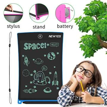 NEWYES 8.5in LCD Writing Tablet, Drawing Boards with Lock Function Doodle Tablet Kitchen Memo Office Notice Fridge Magnetic Daily Planner, Gifts for Kids (Blue+Lanyard)