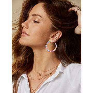 Hoop Earrings For Woman Rainbow Heishi Beaded Open Hoop Earrings Bohemian African Vinyl Disc Stud Earrings Hoop Surfer Beach Jewelry (colorful)