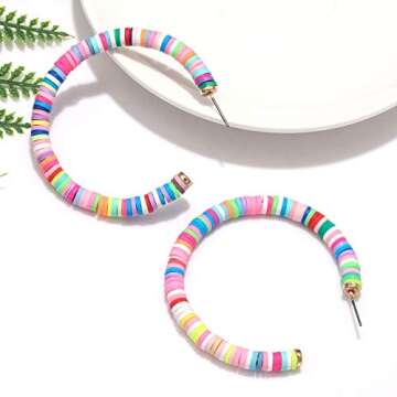 Hoop Earrings For Woman Rainbow Heishi Beaded Open Hoop Earrings Bohemian African Vinyl Disc Stud Earrings Hoop Surfer Beach Jewelry (colorful)