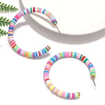 Hoop Earrings For Woman Rainbow Heishi Beaded Open Hoop Earrings Bohemian African Vinyl Disc Stud Earrings Hoop Surfer Beach Jewelry (colorful)