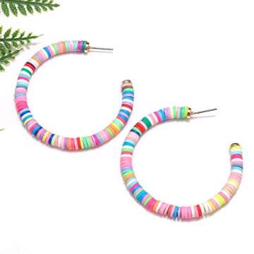 Hoop Earrings For Woman Rainbow Heishi Beaded Open Hoop Earrings Bohemian African Vinyl Disc Stud Earrings Hoop Surfer Beach Jewelry (colorful)
