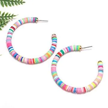 Hoop Earrings For Woman Rainbow Heishi Beaded Open Hoop Earrings Bohemian African Vinyl Disc Stud Earrings Hoop Surfer Beach Jewelry (colorful)