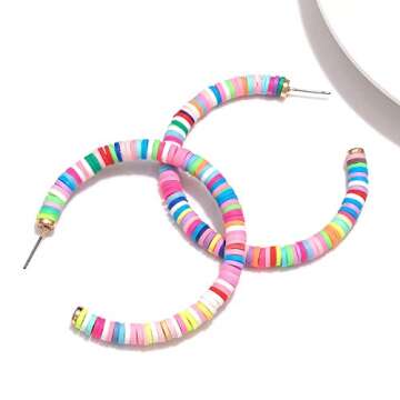 Hoop Earrings For Woman Rainbow Heishi Beaded Open Hoop Earrings Bohemian African Vinyl Disc Stud Earrings Hoop Surfer Beach Jewelry (colorful)