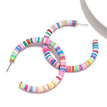 Hoop Earrings For Woman Rainbow Heishi Beaded Open Hoop Earrings Bohemian African Vinyl Disc Stud Earrings Hoop Surfer Beach Jewelry (colorful)