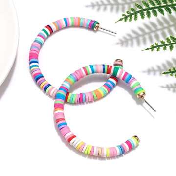 Hoop Earrings For Woman Rainbow Heishi Beaded Open Hoop Earrings Bohemian African Vinyl Disc Stud Earrings Hoop Surfer Beach Jewelry (colorful)