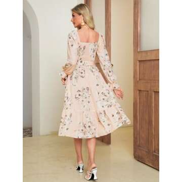 Amegoya Women's Floral Long Sleeve Midi Dress Boho Wedding Guest Dress Square Neck Smocked Tiered Flowy Dress (Floral Peach L)