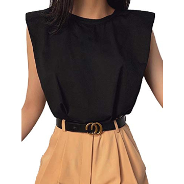 MISSACTIVER Women Summer Loose Slim Tank Top Solid Cotton Sleeveless Vest Round Neck Cami Shoulder Pads T-Shirts Black