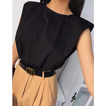 MISSACTIVER Women Summer Loose Slim Tank Top Solid Cotton Sleeveless Vest Round Neck Cami Shoulder Pads T-Shirts Black