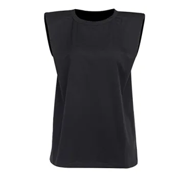 MISSACTIVER Women Summer Loose Slim Tank Top Solid Cotton Sleeveless Vest Round Neck Cami Shoulder Pads T-Shirts Black