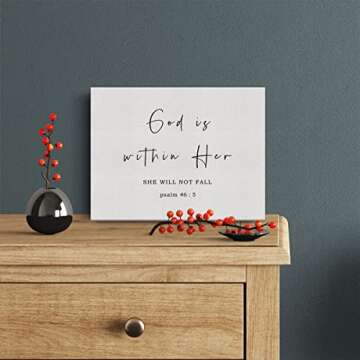 Bible Verse Canvas Print Decor God is Within Her She will Not Fall Wall Painting Posters Artwork 12”X15” Rustic Home Office Decoration (Framed)