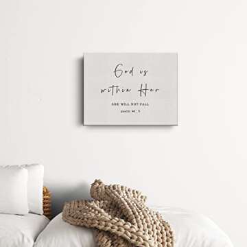 Bible Verse Canvas Print Decor God is Within Her She will Not Fall Wall Painting Posters Artwork 12”X15” Rustic Home Office Decoration (Framed)