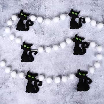 Whaline 8.2Ft Halloween Felt Banner 3D Black Cat Hanging Garland White Pom Pom Ball Banner for Home ...