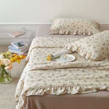 BuLuTu Muslin Cotton Quilt with Ruffles 59"x79", Vintage Floral Quilts for Kids Girls Boys