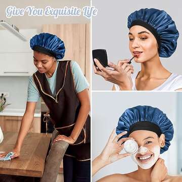 Hafree Bonnet, Silk Satin Bonnet for Sleeping Adjustable Sleep Cap with 2 Pieces of Scrunchies for Women Men Bonnets for Curly Braid Hair (Blue)