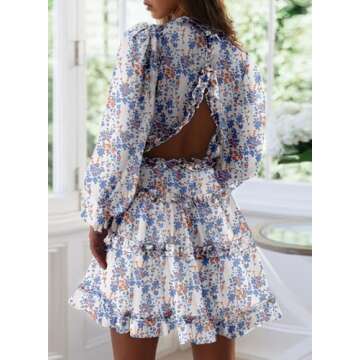 Dokotoo Womens Sun Casual V Neckline Long Sleeve Open Back Floral Print Mini Dress Bohemian Fashion Skater A Line Ruffle Hem Beach Dresses White X-Large